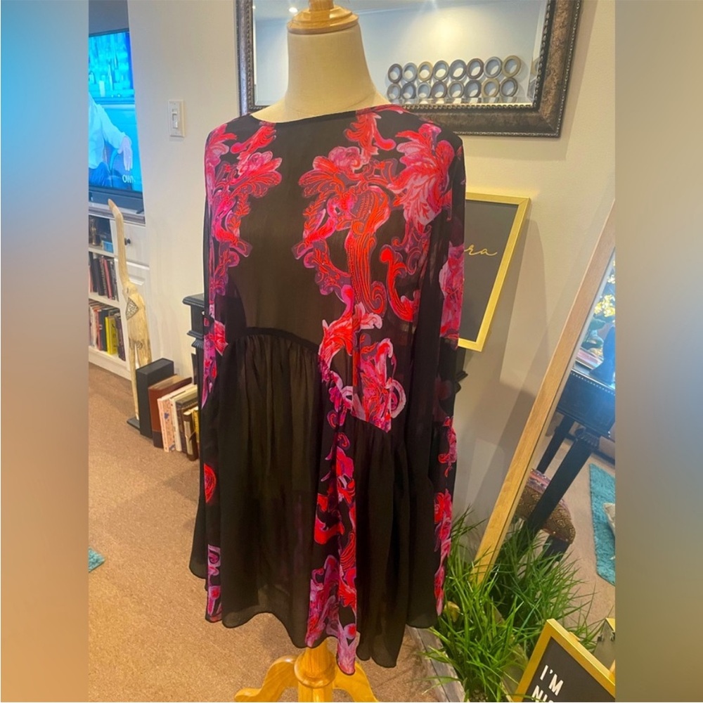 SOLD - Free People floral shirt tunic dress black pink